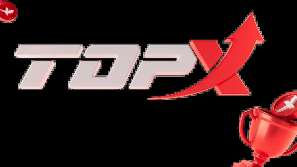 Logotipo da TopX em vermelho e branco com um troféu ao lado